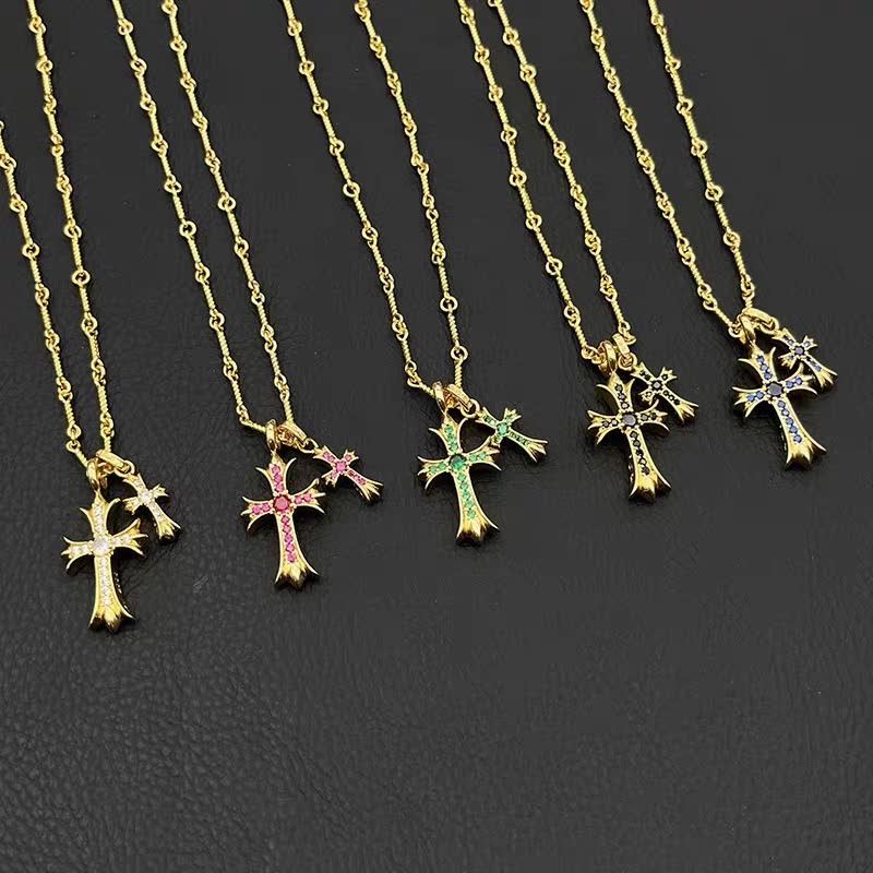 Chrome Hearts Gold Cross Pendant with Gemstones